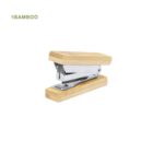 Bamboo-handled stapler with a silver metallic mechanism, isolated on a white background.