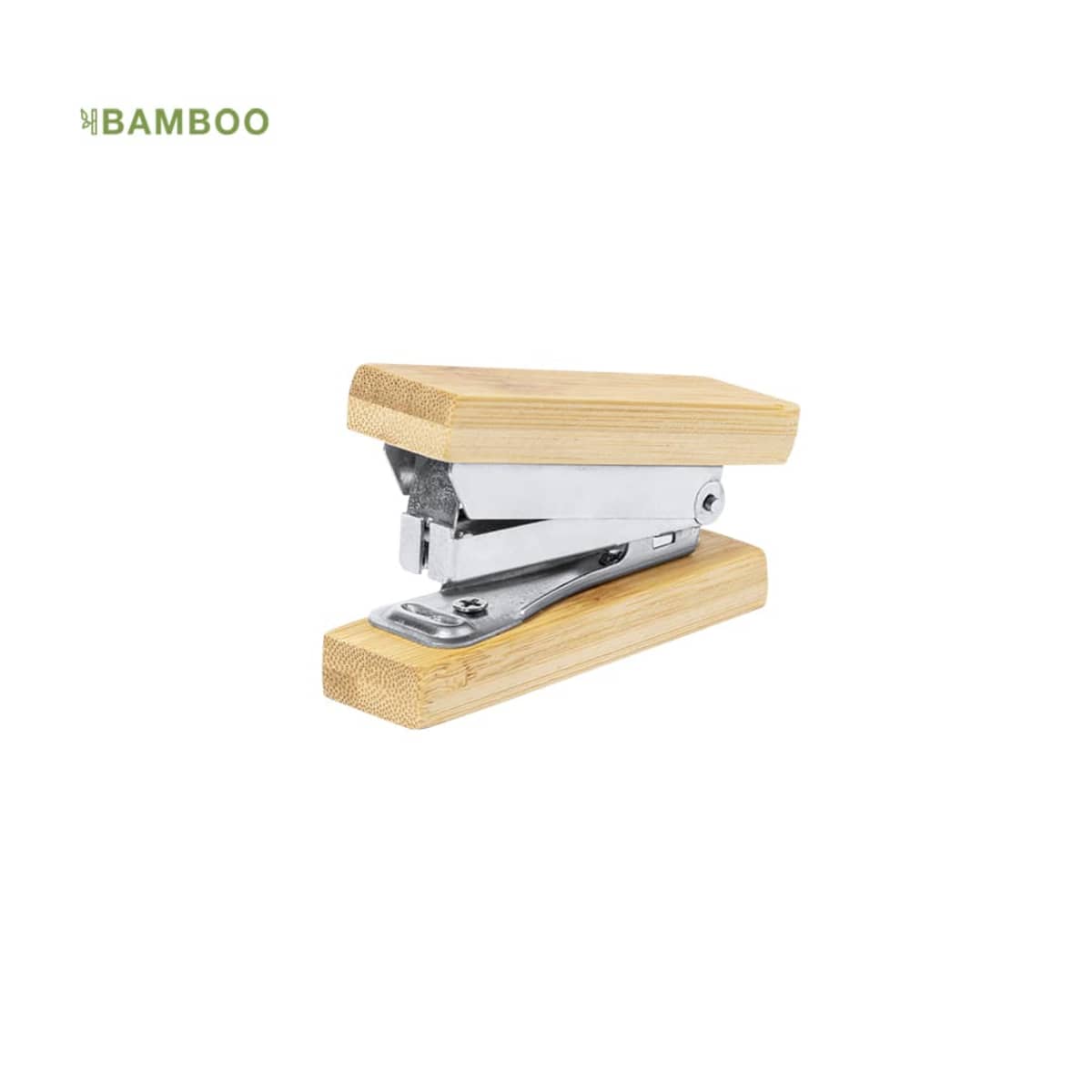 Bamboo-handled stapler with a silver metallic mechanism, isolated on a white background.