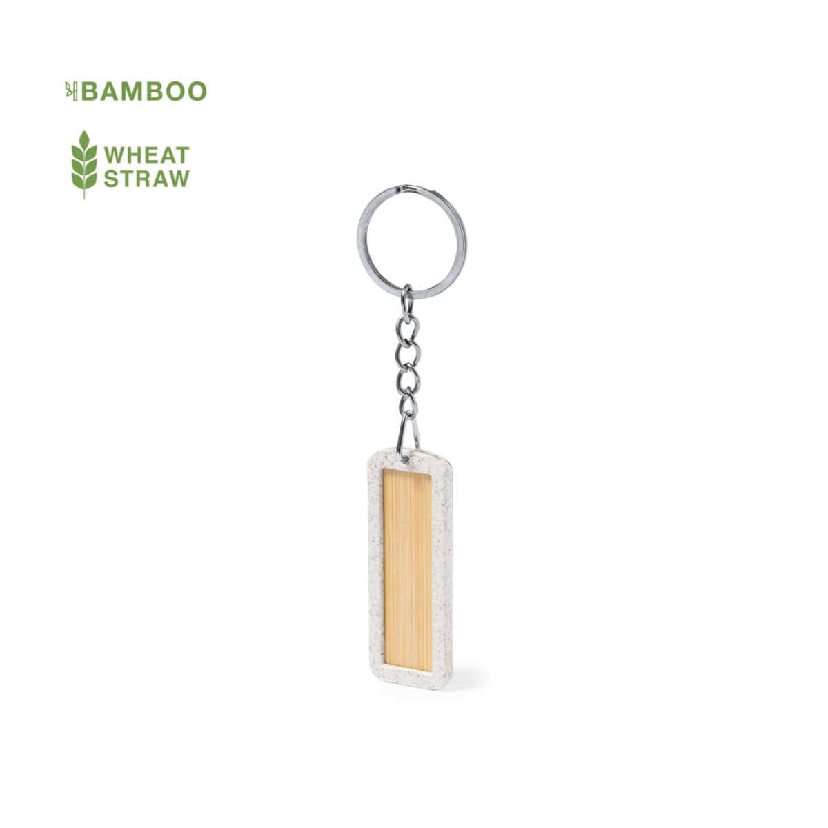 Eco-friendly bamboo and wheat straw keychain with a rectangular design.