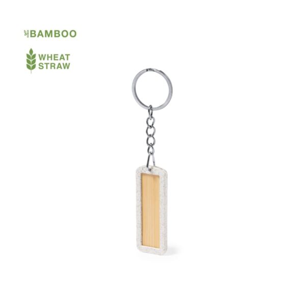 Rectangular bamboo keychain with a metal ring, featuring a wheat straw border.