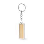 Rectangular wooden keychain with a metal ring and chain.