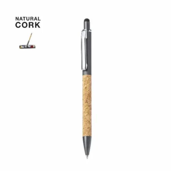 Pen with cork grip and a silver clip on a white background.