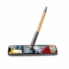 Smartphone with a stylus touching the screen on a white background.
