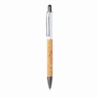 Ballpoint pen with a cork-wrapped barrel and silver clip on a white background.