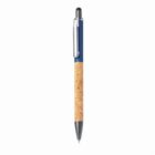 A pen with a blue top and cork-textured grip, featuring a silver clip and stylus tip.