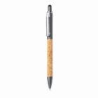 Ballpoint pen with a cork grip and a black top against a white background.