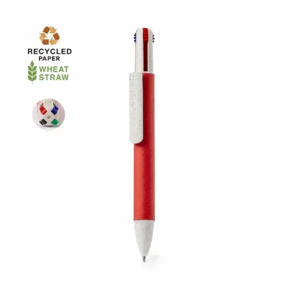 Red multi-color pen made from recycled paper and wheat straw.
