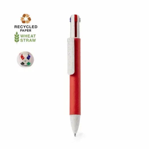 Red multi-color pen made from recycled paper and wheat straw, with eco-friendly icons.