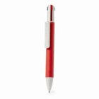 Red and white multi-color pen with a clip on a white background.
