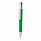Multicolor pen with a green barrel and white top, featuring red, blue, and black ink options.