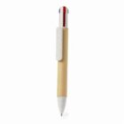 A multi-colored retractable pen with a beige body on a white background.