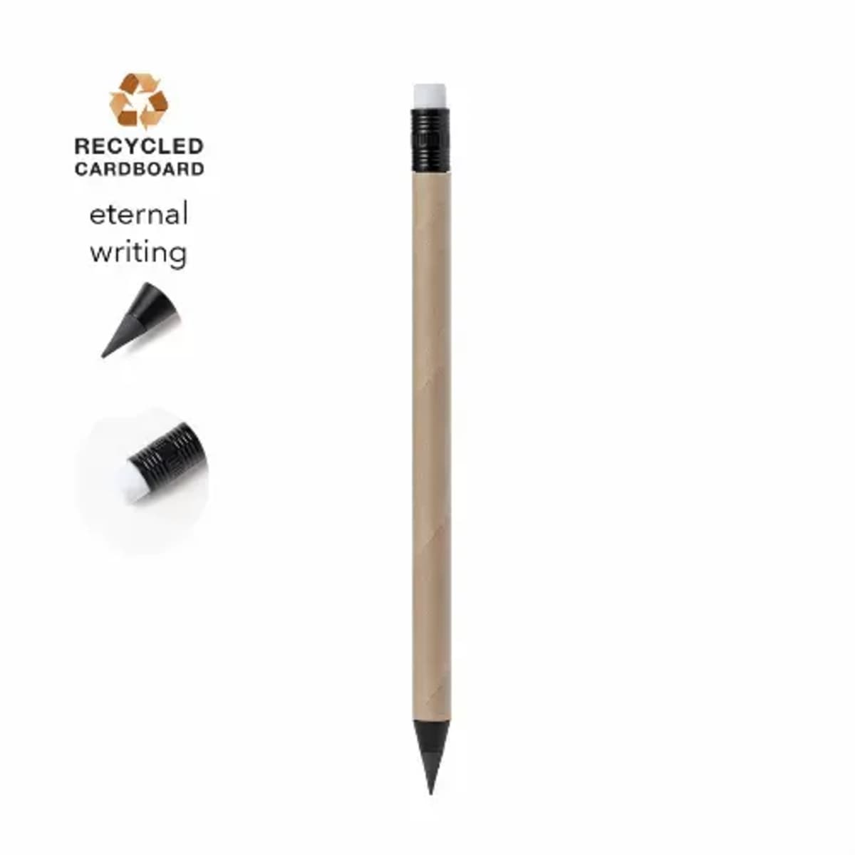 Brown pencil with replaceable tip, labeled recycled cardboard and eternal writing.