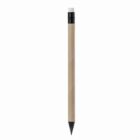A brown pencil with a black tip and a white eraser on a plain background.