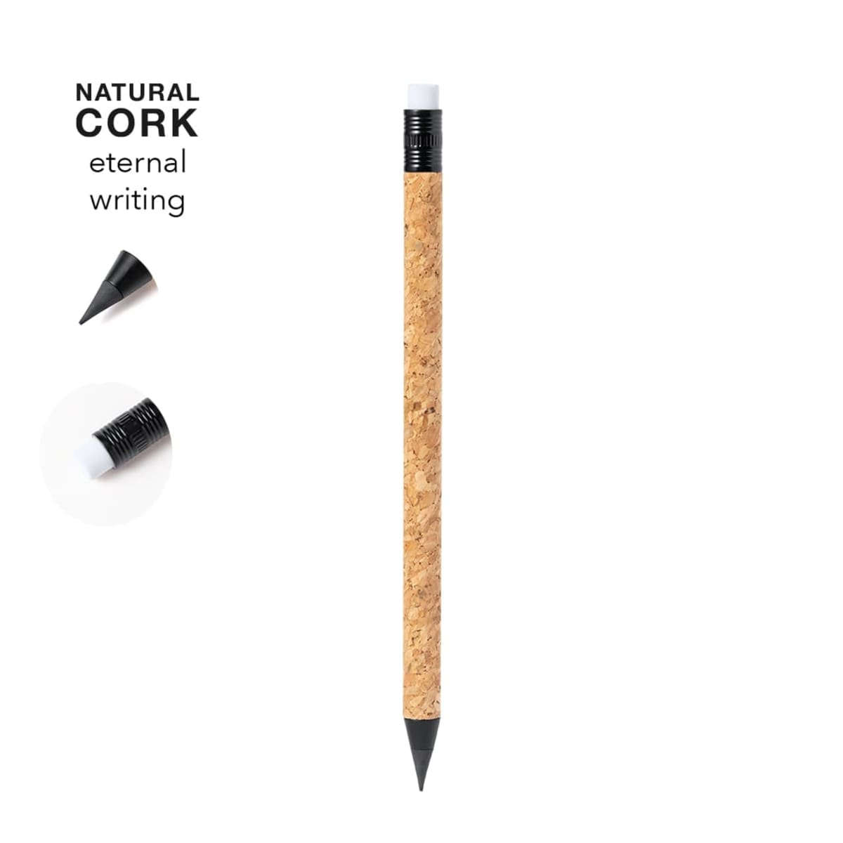 Cork pencil with black tip and eraser, labeled Natural Cork Eternal Writing.