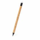 A pencil with a cork body, black tip, and white eraser against a white background.