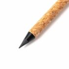 Close-up of a pencil with a cork-like barrel and a sharp black tip on a white background.