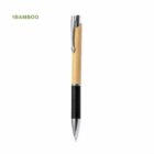 Ballpoint pen with bamboo and black elements, featuring a silver clip and tip.