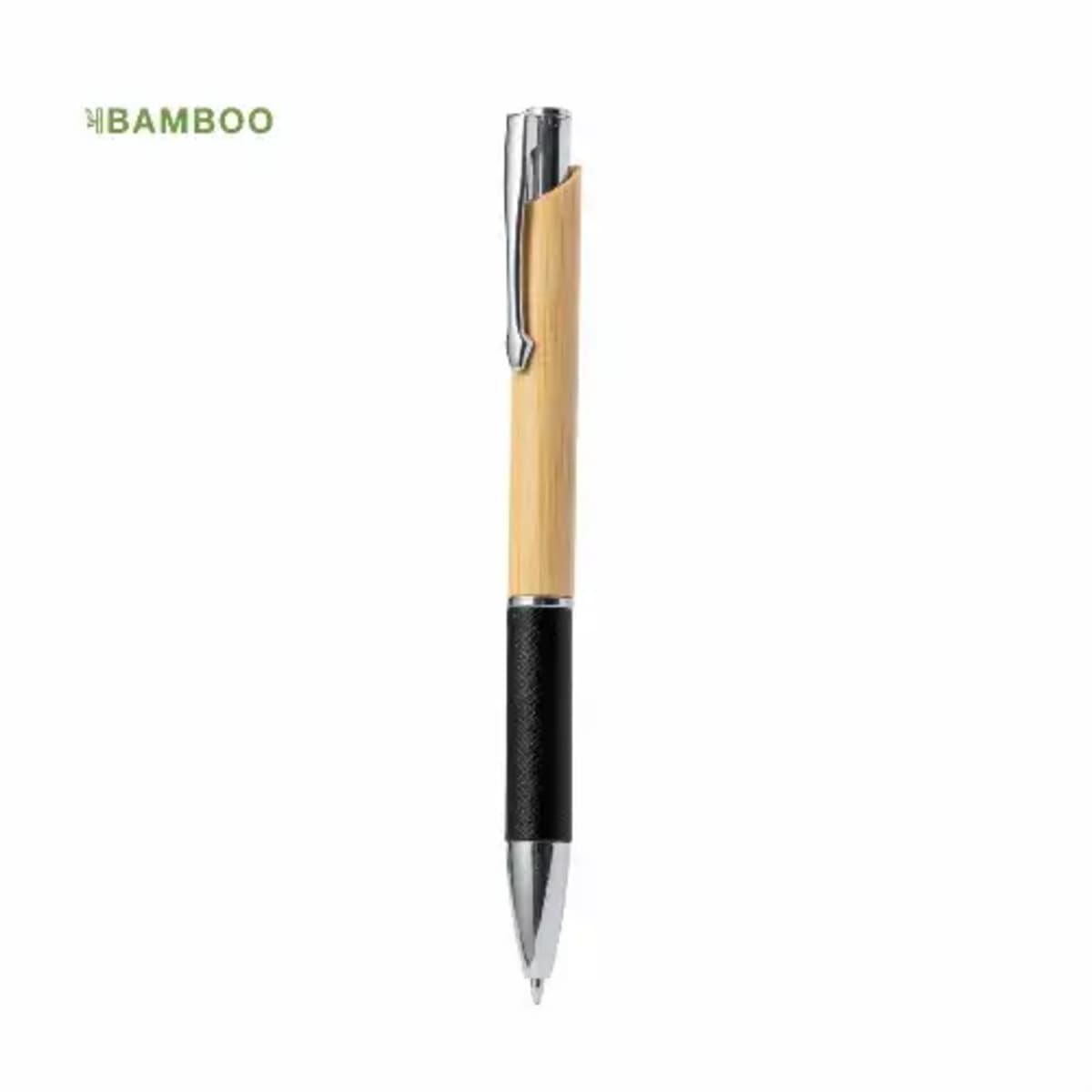 Ballpoint pen with bamboo and black elements, featuring a silver clip and tip.