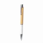A pen with a wooden upper half and a white lower half, featuring a silver clip and tip.