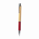 Pen with wooden upper, red grip, silver clip and tip on a white background.
