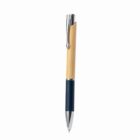 A pen with a wooden barrel, metal clip, and blue grip on a white background.