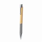 A pen with a wooden upper body and gray grip, featuring a silver clip and nib.