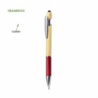 Bamboo pen with red grip, silver accents, and stylus, isolated on white background.