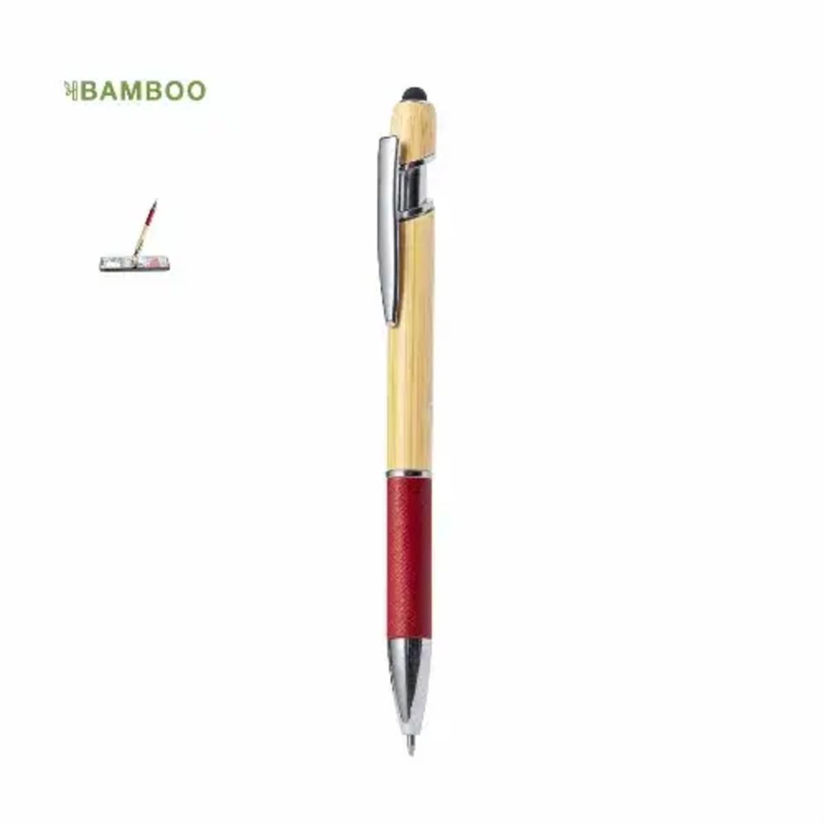 Bamboo pen with red grip, silver accents, and stylus, isolated on white background.