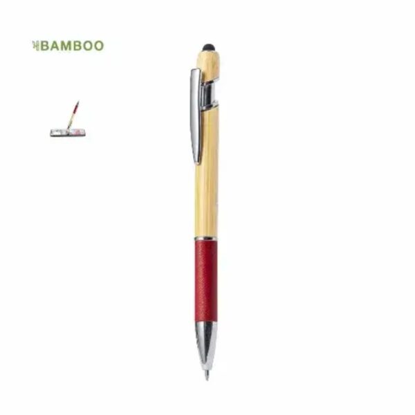Bamboo pen with a silver clip and red grip on a white background.