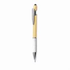 A bamboo and metal pen with a clip and stylus tip, isolated on a white background.