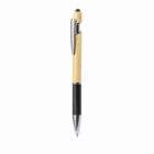 Ballpoint pen with a wooden body, chrome clip, and black grip and stylus tip.