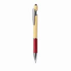 Ballpoint pen with a wooden body, red grip, silver accents, and a black stylus at the top.
