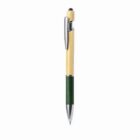 A ballpoint pen with wooden and green accents, featuring a silver clip and tip.