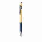 A pen with a wooden body and blue grip on a white background.