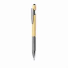 A ballpoint pen with a wooden barrel and metal clip, tip, and grip, isolated on white.