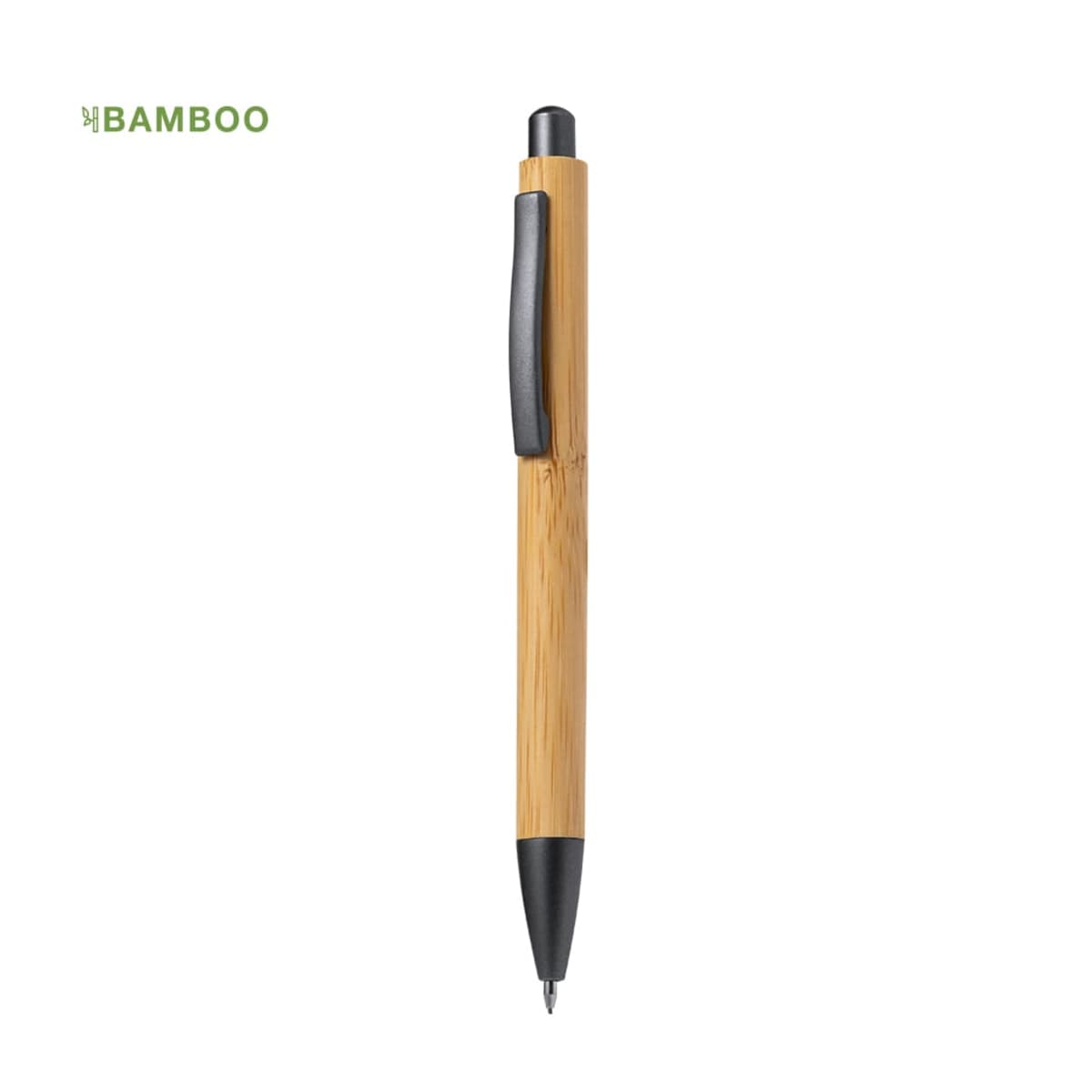Bamboo pen with black clip and tip, on a plain white background.