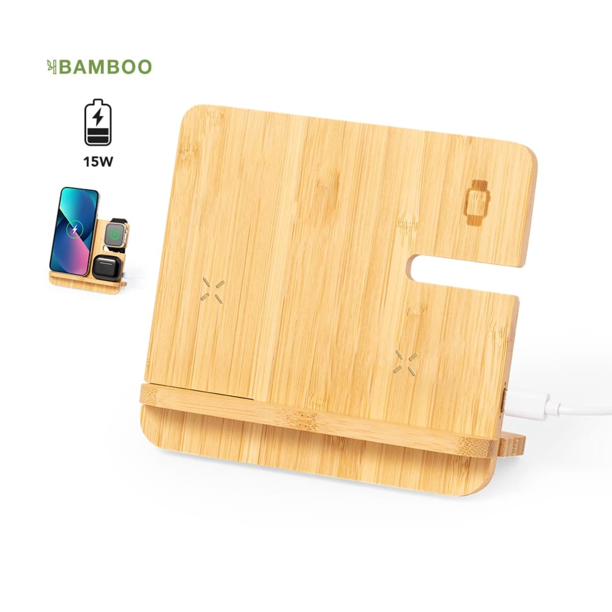 Bamboo wireless charging station for phone and watch, featuring a 15W power symbol.