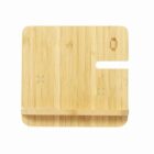 Wooden charging dock for smartphone and watch, with slots for devices.