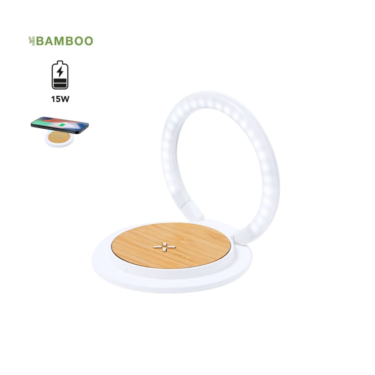 Round bamboo wireless charger with ring light and 15W charging graphic.