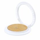 A circular LED ring light with a bamboo phone stand.