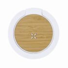 Round wireless charger with a wood finish center and white border.