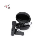 Wireless microphone set with carrying case, USB cable, and phone recording illustration above.