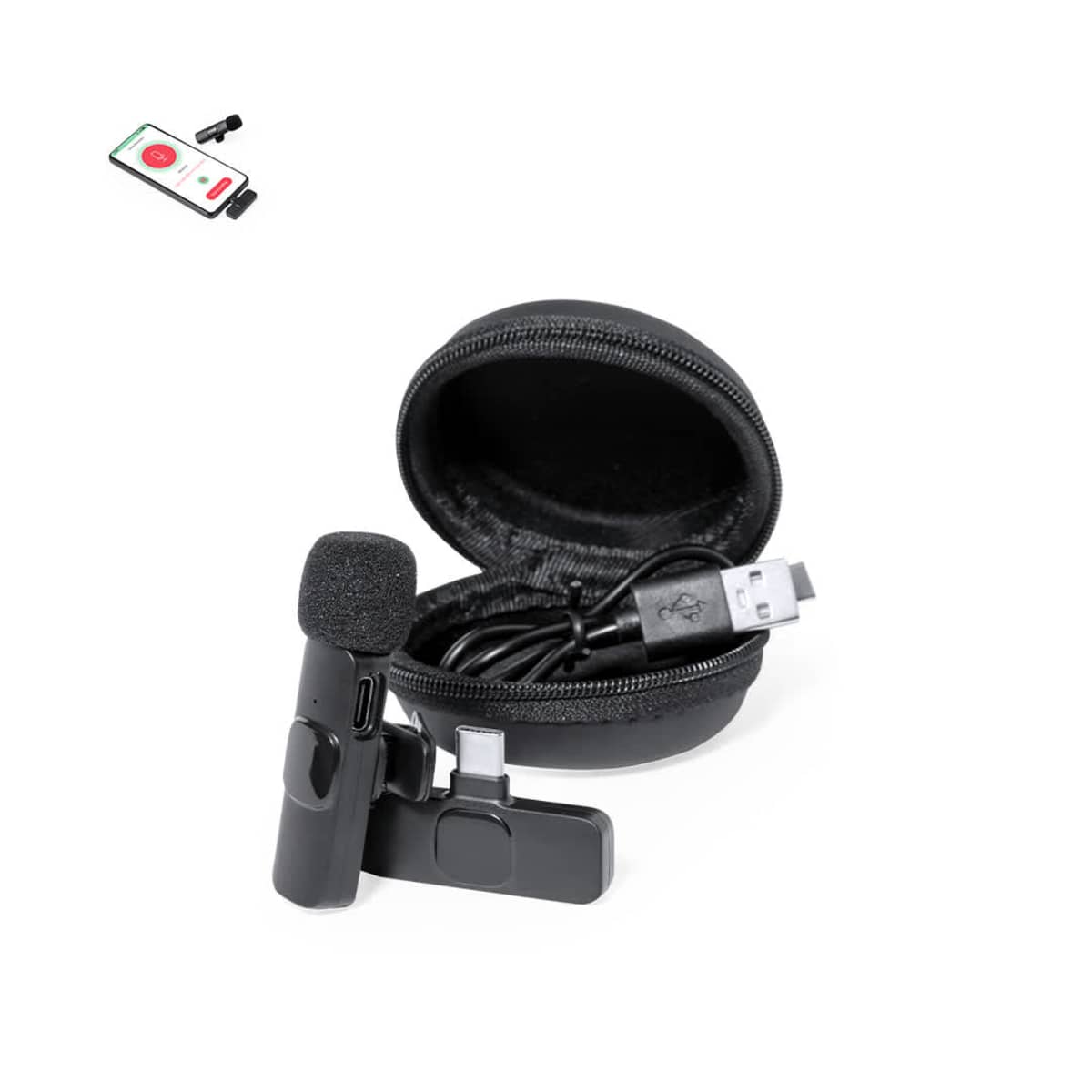 Wireless microphone set with carrying case, USB cable, and phone recording illustration above.