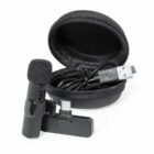 Wireless microphone set with USB-C connector, charging cable, and round carrying case.