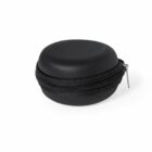 Round black zippered case with a smooth surface, shown on a white background.