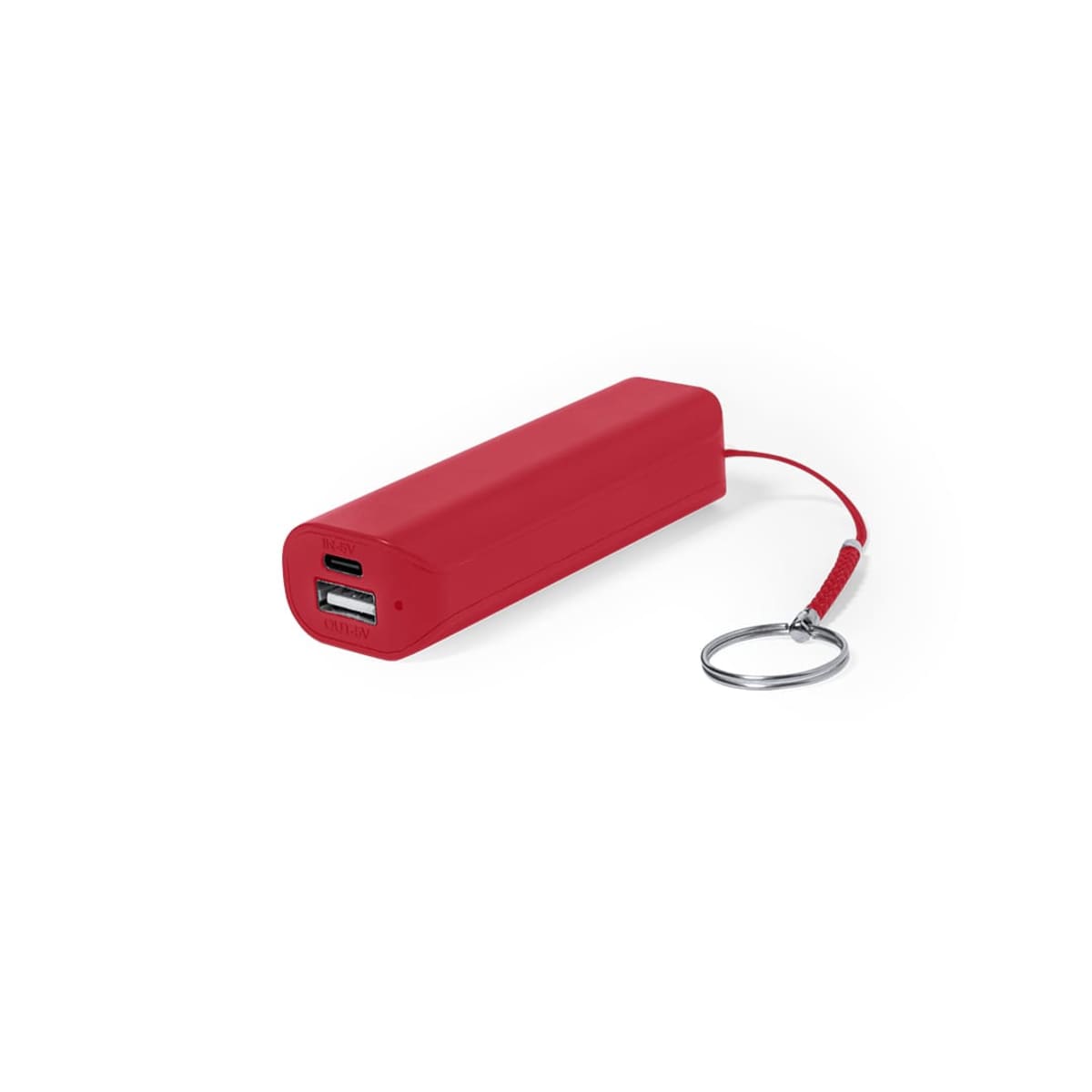 Red portable power bank with USB ports and a keyring attachment.