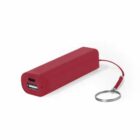 Red portable power bank with a USB port and keyring attachment.