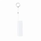 White keychain with a rectangular tag attached to a metal ring.