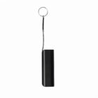Black cylindrical portable charger with a small keyring and short attached cable on a white background.