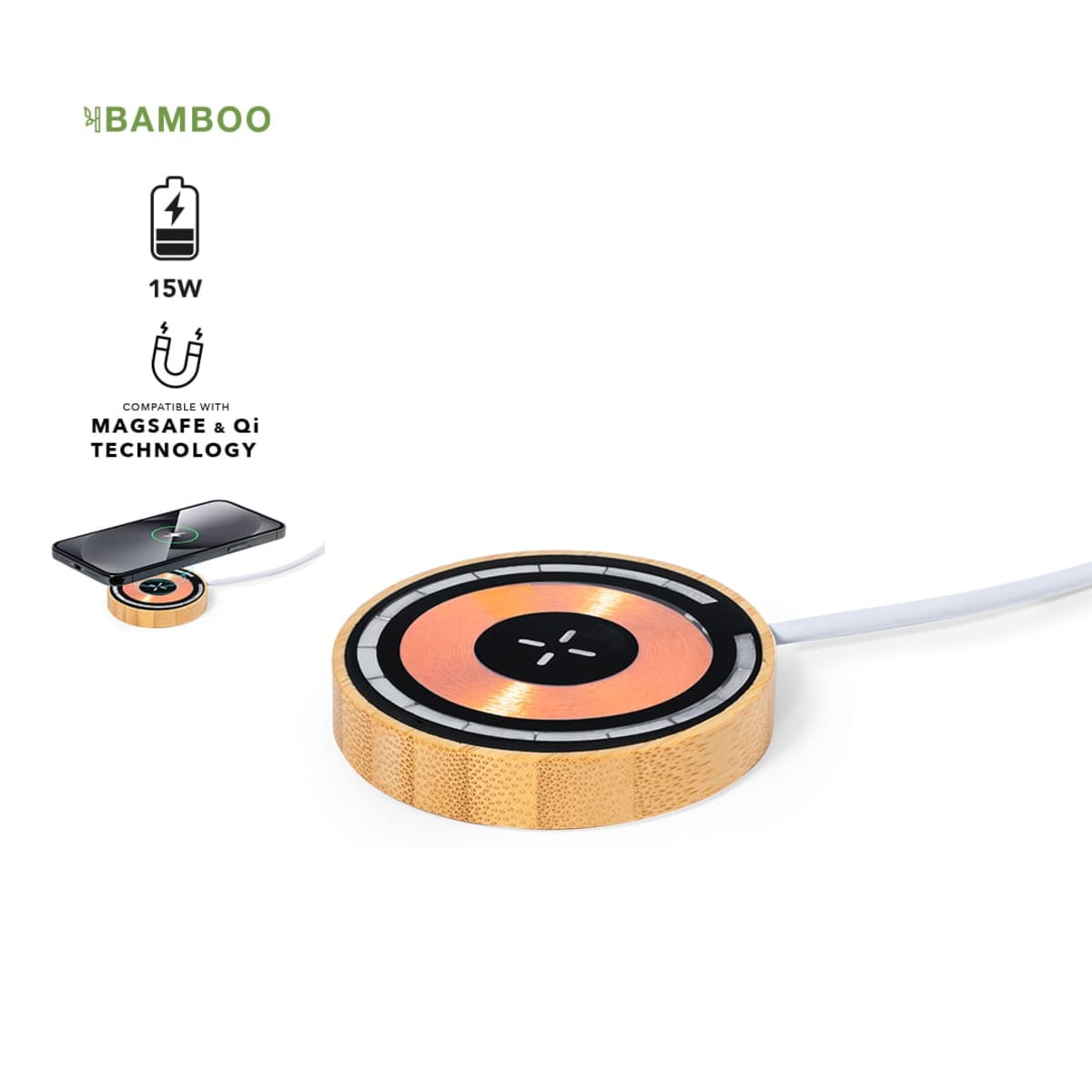 Wooden wireless charger with cable, showcasing 15W MagSafe and Qi compatibility.